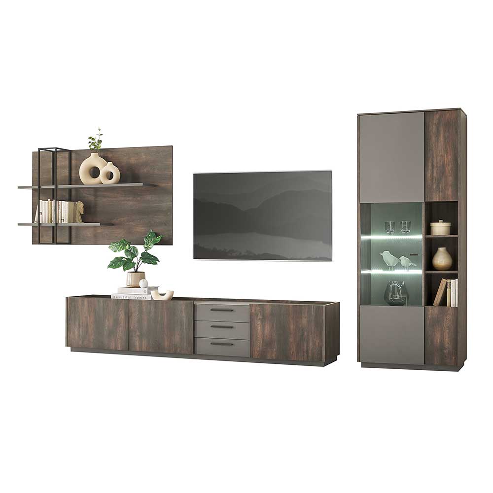 Moderne Design TV Wohnwand Hanniba in Anthrazit und Eiche dunkel (dreiteilig)